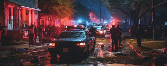 chaotic nighttime street scene in residential area with police cars and people standing around