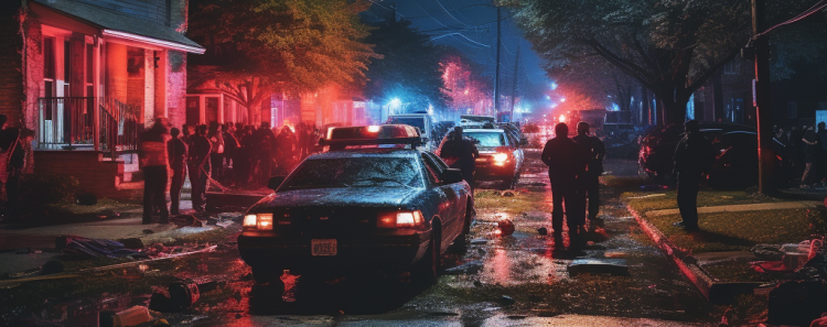 chaotic nighttime street scene in residential area with police cars and people standing around