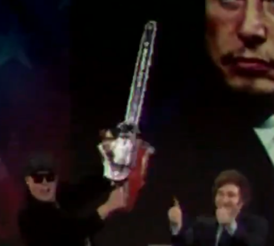 Elon Musk holding a chainsaw to illustrate cutting bureaucracy...or something...