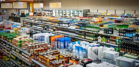 Overview of grocery store shelves showing thousands of items for sale. (Licensed iStock photo ID:1486055079)